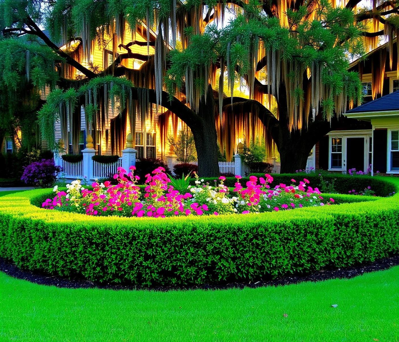 Savannah landscape with hedges and flower beds