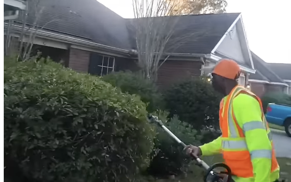 Veli crew member trimming hedges with a pole trimmer